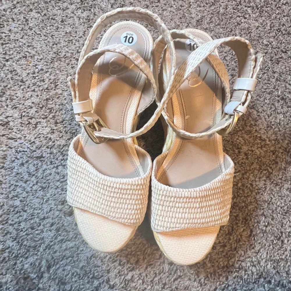 Sam Edelman Women Cream Woven Raffia Platform Wedge‎ Espadrille Sandals Size 10